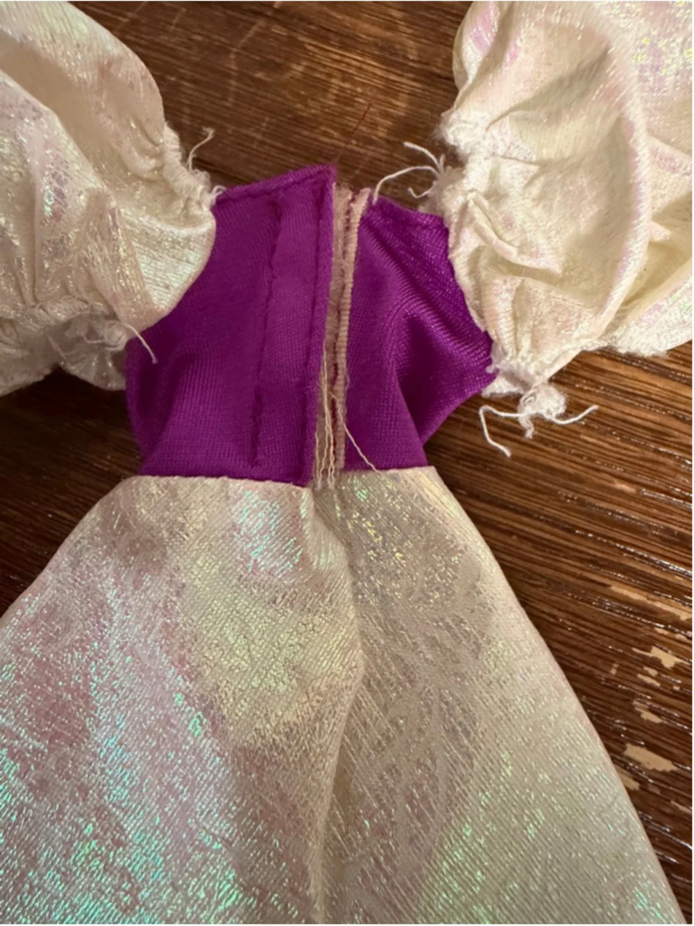 Vintage Barbie Dress Iridescent Cream Purple Puff Sleeve Party Gown 1980s 1990s